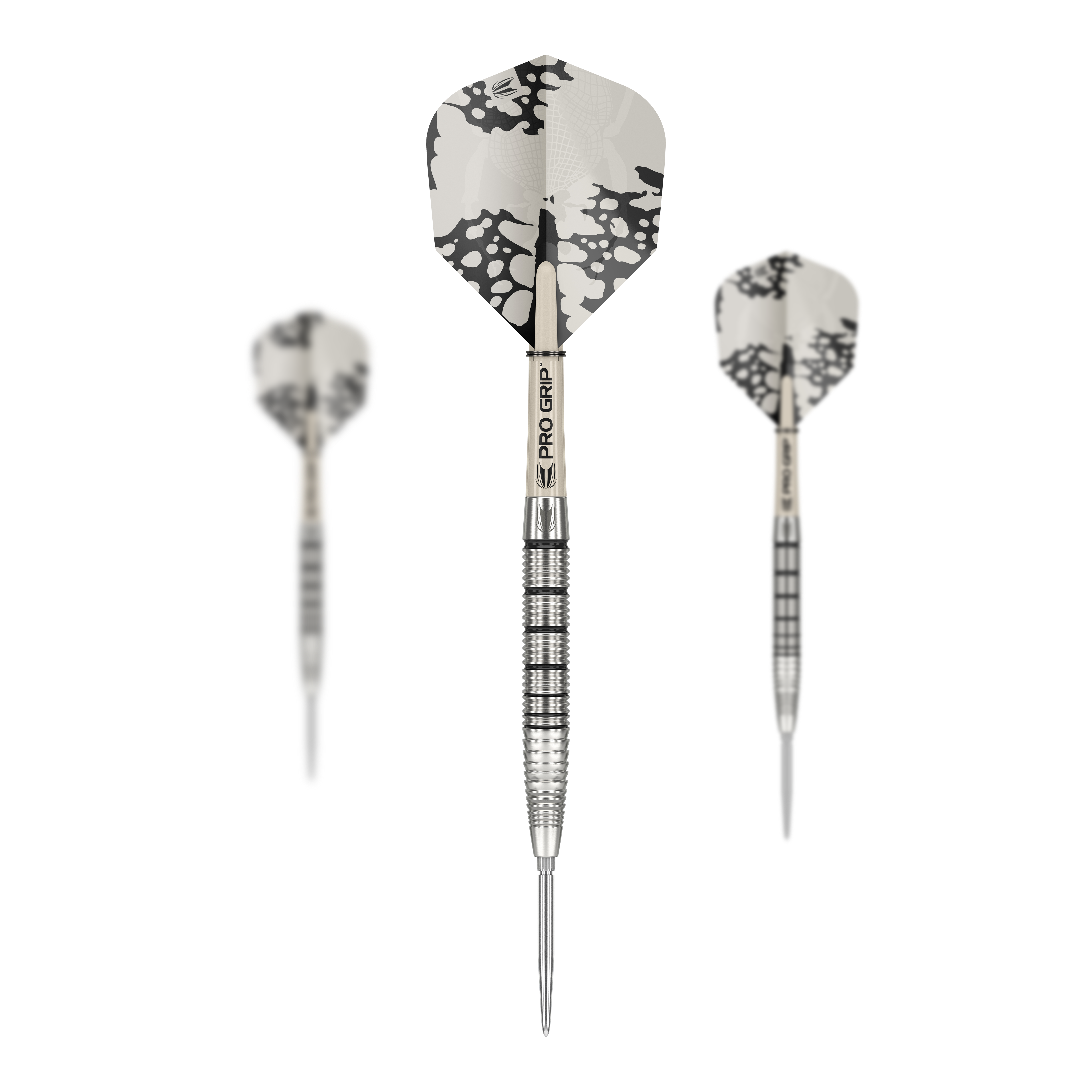 Das Bild zeigt drei Target EXO SP02 Swiss Point Steeldarts mit modernen, silbernen Flights. Die Darts haben einen geriffelten Griff und sind mit dem Schriftzug "PRO GRIP" versehen.